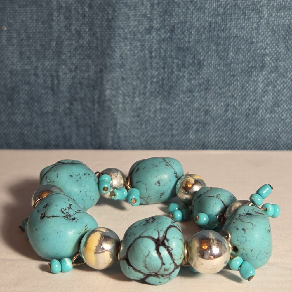 Chunky Faux Turquoise Silver Tone Stretch Bracelet Boho Y2K NWOT